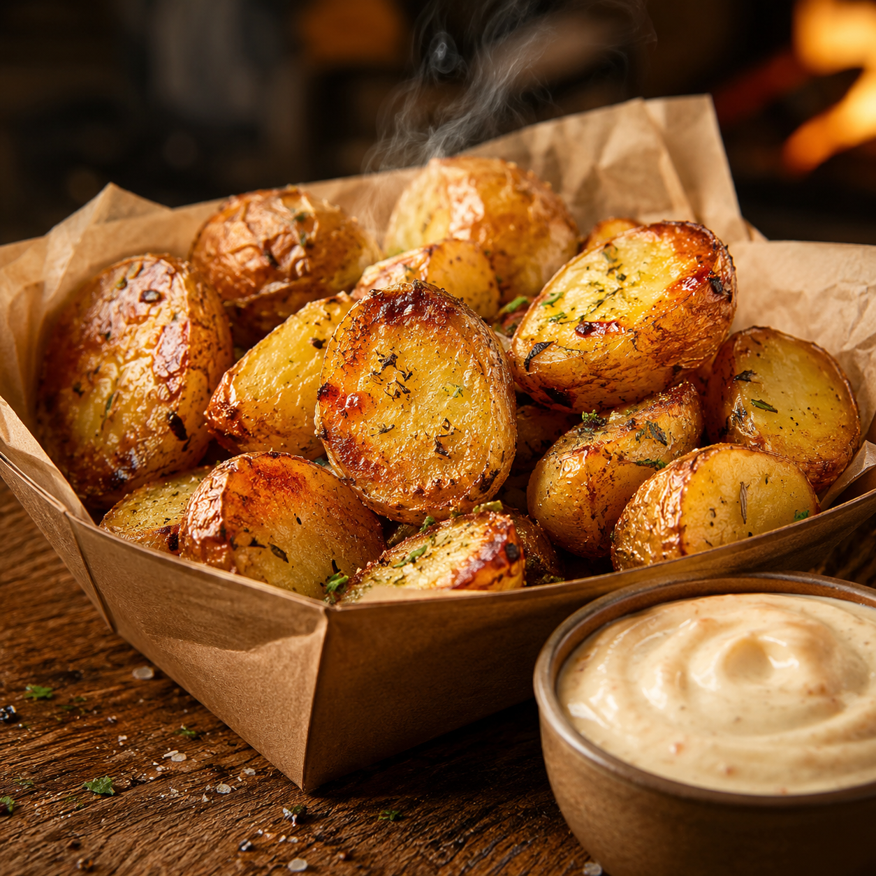 Pommes de terre rôties fondantes dans une boîte kraft avec sauce