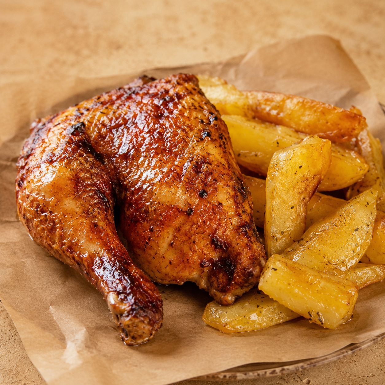 Demi poulet rôti doré sur papier kraft avec pommes de terre