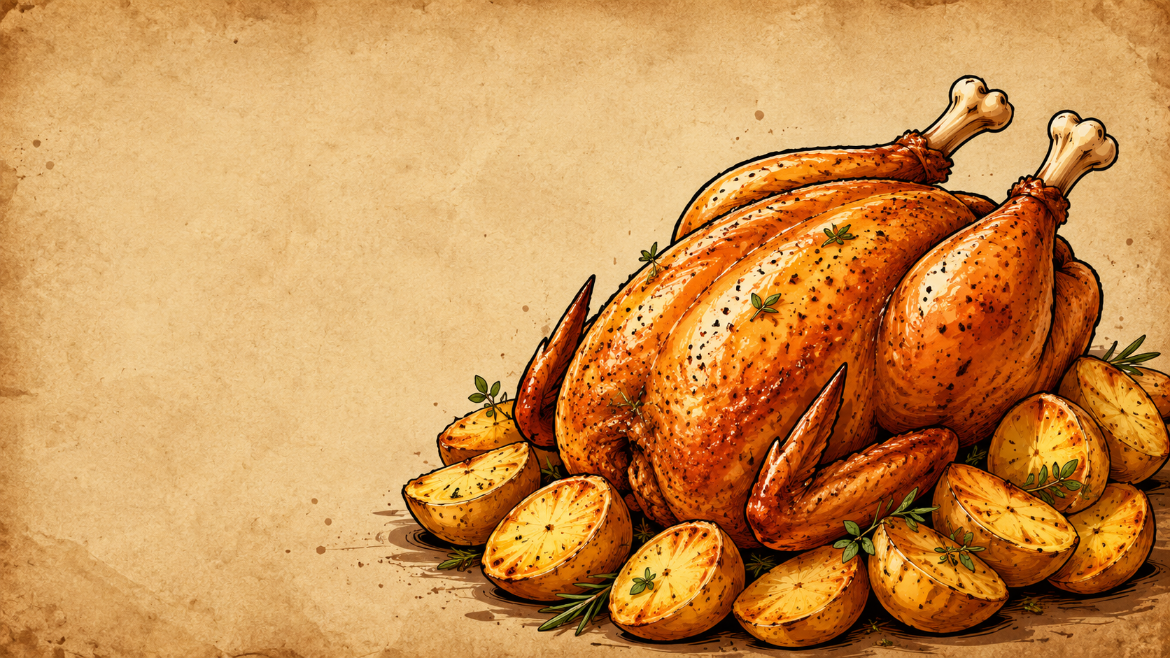 Illustration artisanale d'un poulet rôti avec pommes de terre, style kraft