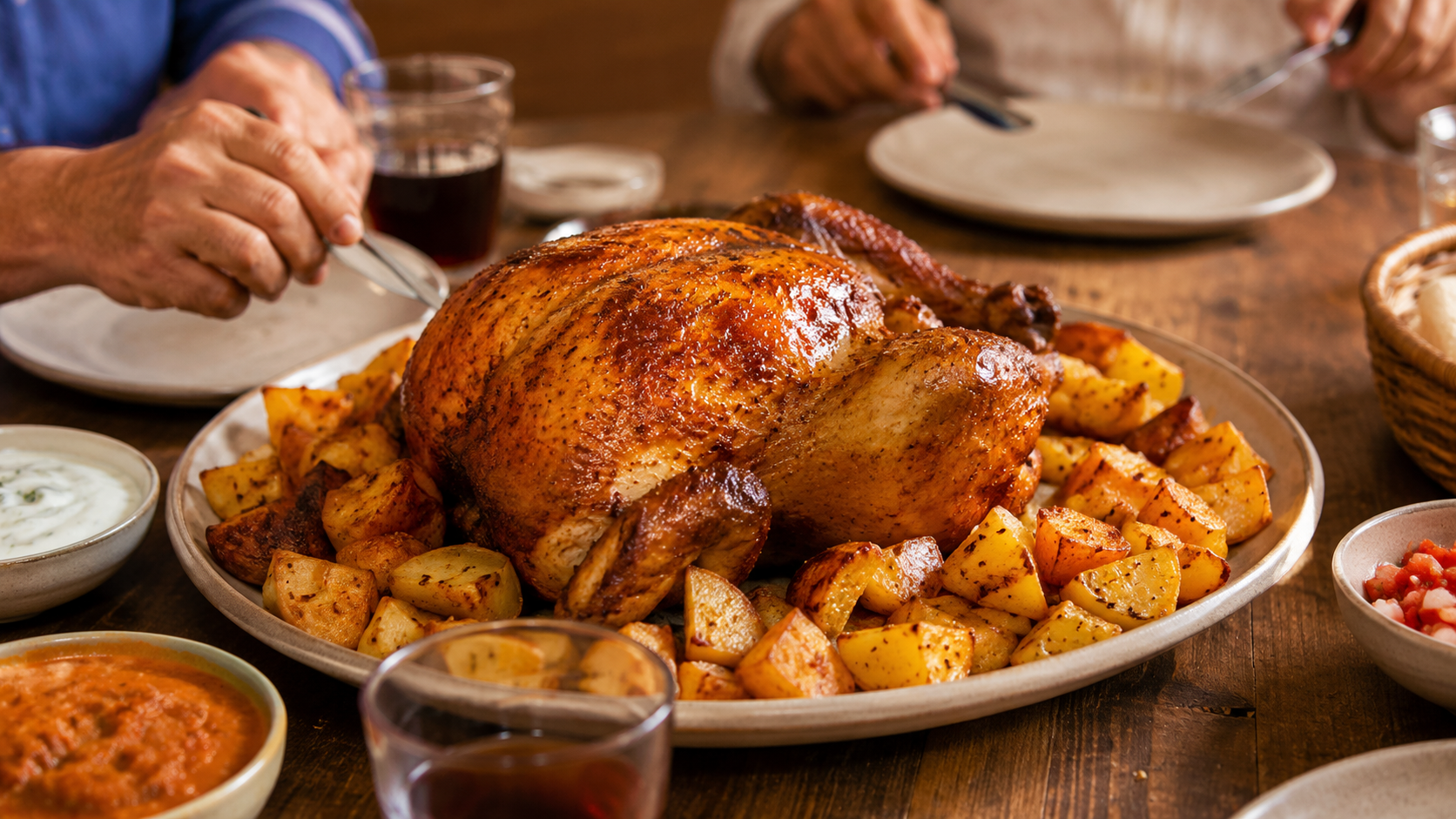 Famille autour d'un poulet rôti entier — le plaisir du partage